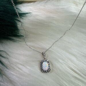 Lab Created White Opal Rectangle Shape Pendent 18” marked 925 Italy NWT